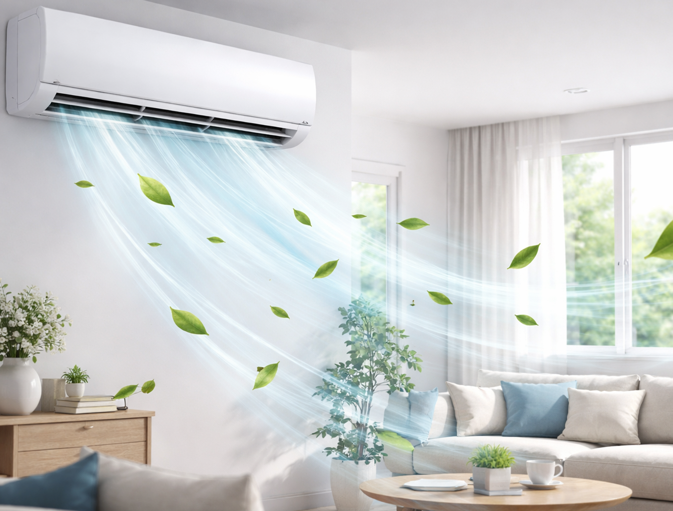 Energy-efficient air conditioner cooling modern living room