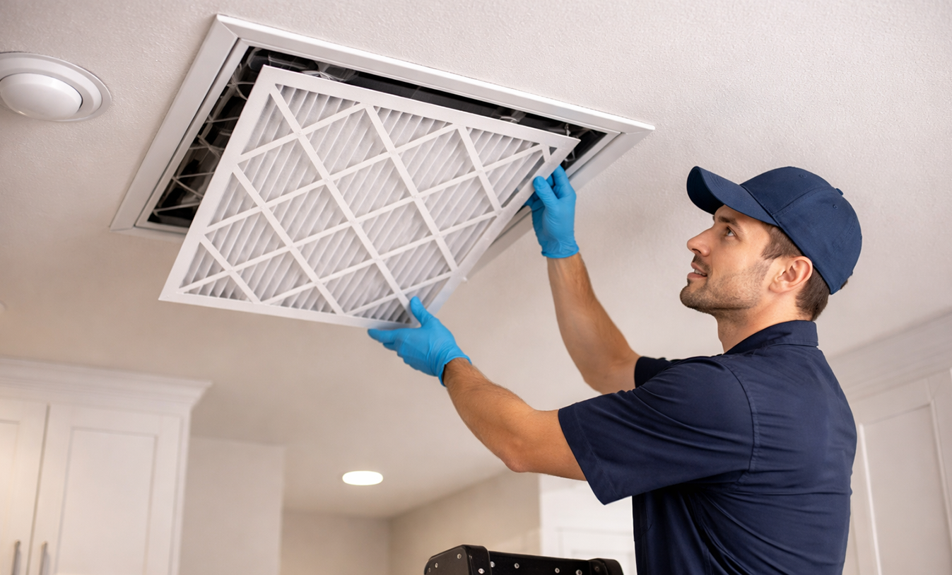 Professional HVAC technician replacing air filter in ceiling vent