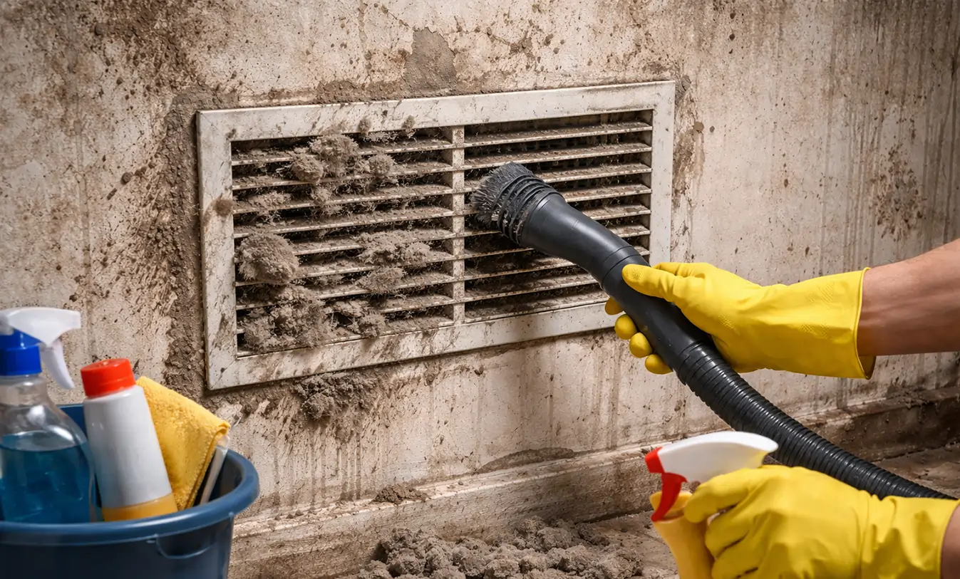 DIY air vent cleaning with vacuum on dirty wall vent