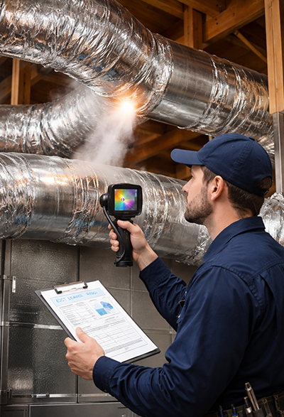 Technician detecting air duct leak with thermal camera