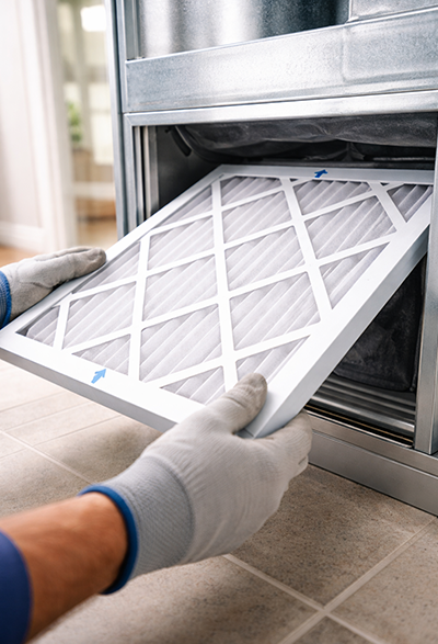 Clean HVAC air filter after replacement being installed