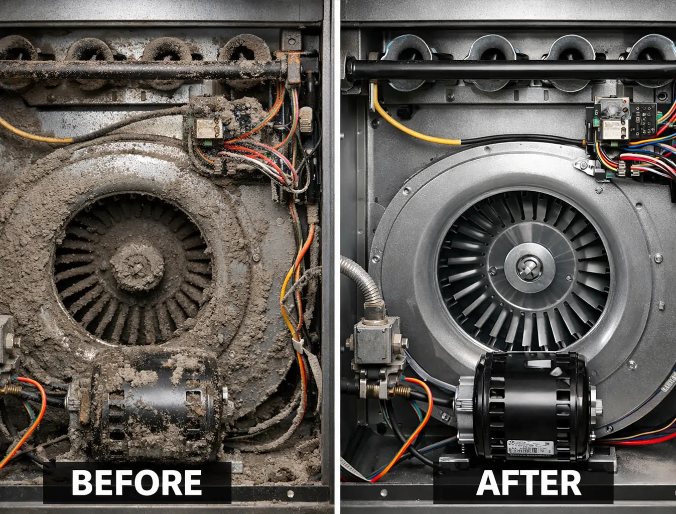 Furnace cleaning before and after comparison showing dirty and clean blower system