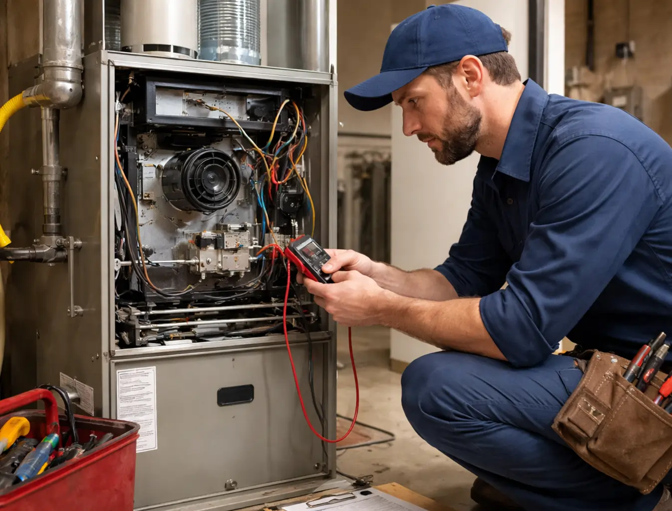 Furnace repair technician inspecting heating system with tools