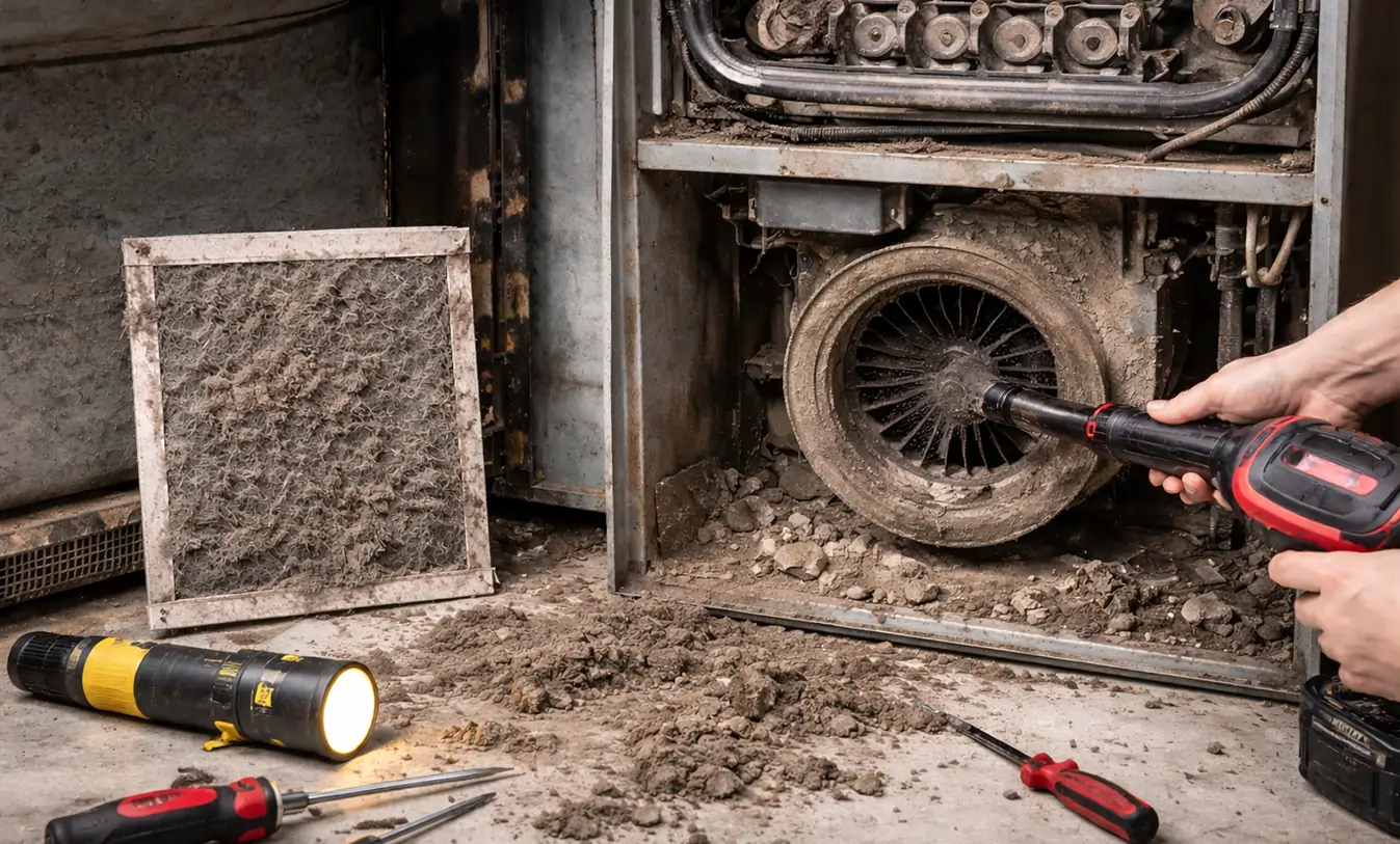 DIY furnace cleaning with dusty blower and dirty filter