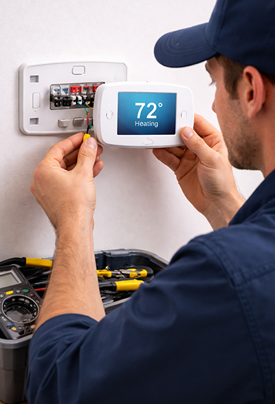 Technician installing AC thermostat on wall