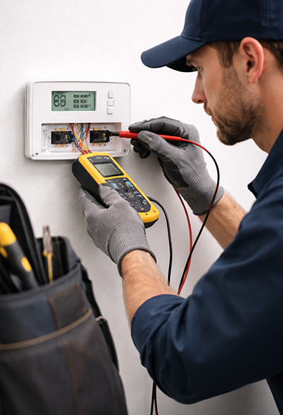 Technician repairing AC thermostat wiring with multimeter
